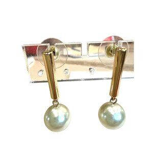 Vintage Gold-Tone Bar Drop Earrings With Faux Pearl Dangles For Pierced Ears